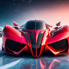 Red Futuristic Supercar on Icy Terrain with Snow-Covered Mountains at Dusk