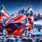 Red sports car on icy surface with snow-covered mountains and red skies at dusk