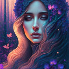 Digital illustration of woman with floral wreath in mystical purple forest with butterflies