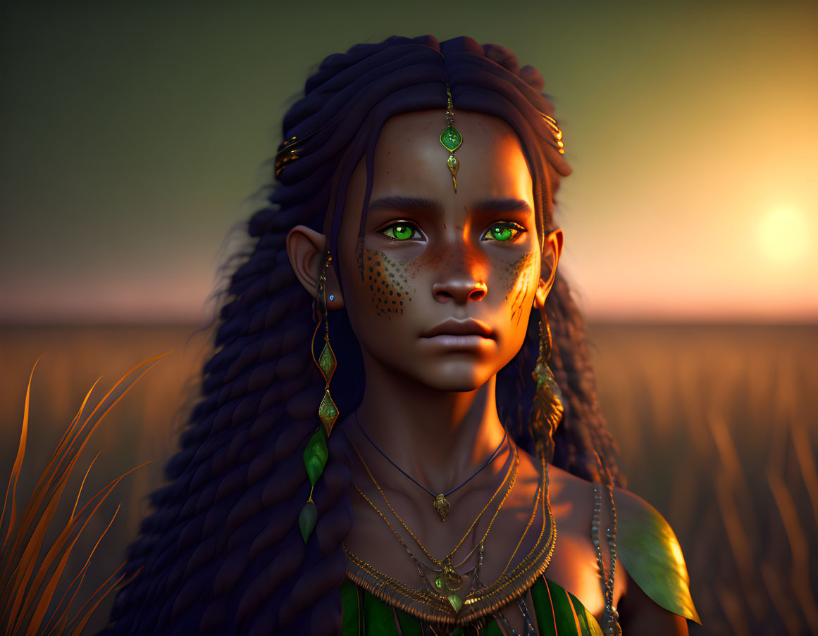 Digital artwork: Young girl with green eyes in tribal jewelry, standing in sunset field.
