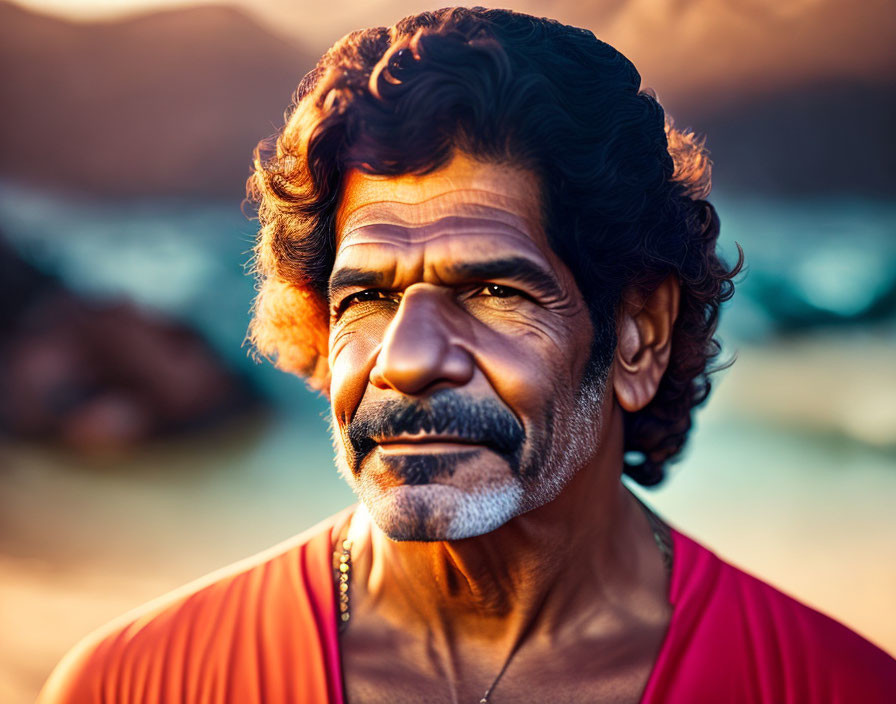 Sunlit portrait of middle-aged man with curly hair and mustache, featuring intense gaze.