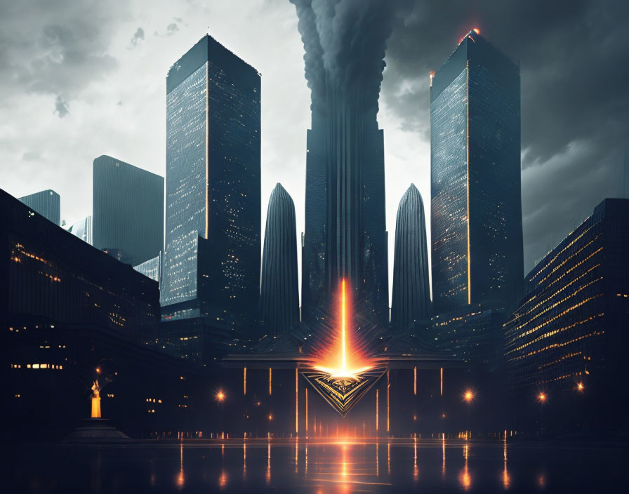 Futuristic cityscape with towering skyscrapers and glowing portal