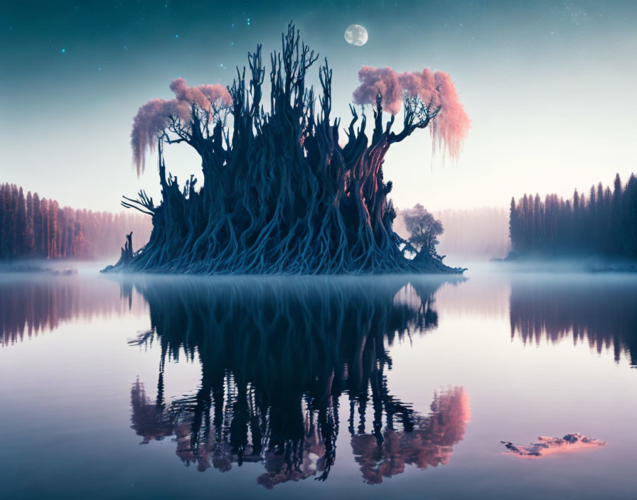 Twilight lakescape with mystical tree island, starry sky, crescent moon