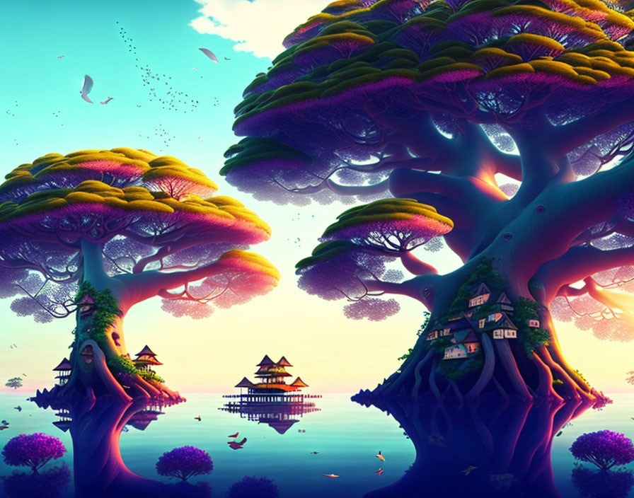 Vibrant, colorful fantasy landscape with whimsical trees, traditional buildings, and mirror-like water.