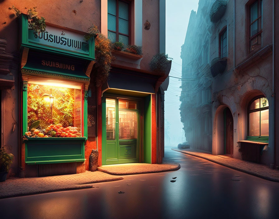 Warmly lit fruit and vegetable shop on cozy dusk street corner