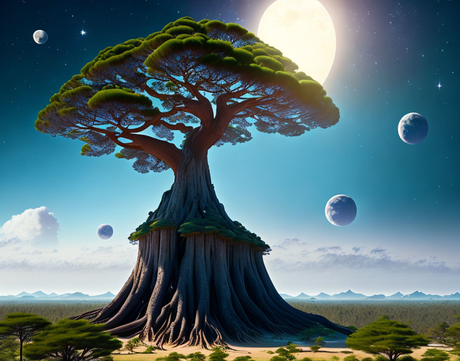 Majestic tree with expansive branches under multiple moons