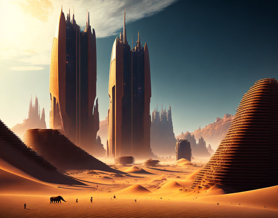 Futuristic desert cityscape with towering buildings and camel caravan