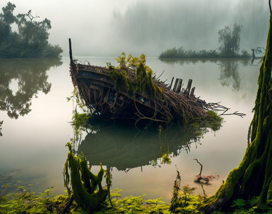 Abandoned boat covered in plants on misty lake surrounded by greenery