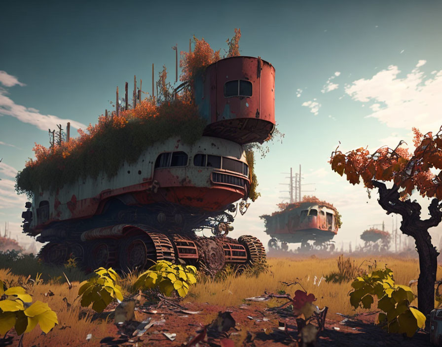 Abandoned post-apocalyptic vehicles with tank treads in overgrown landscape