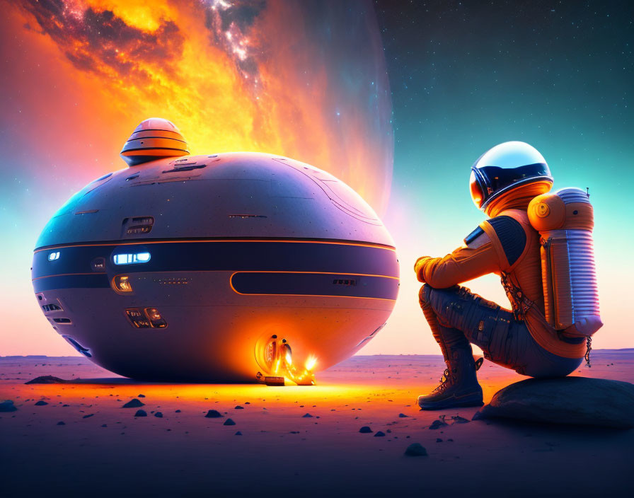 Astronaut beside spherical spacecraft on desert planet with volcanic activity.