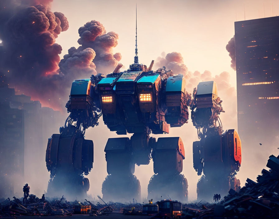 Gigantic four-legged robot in ruins amidst smoke-filled sky