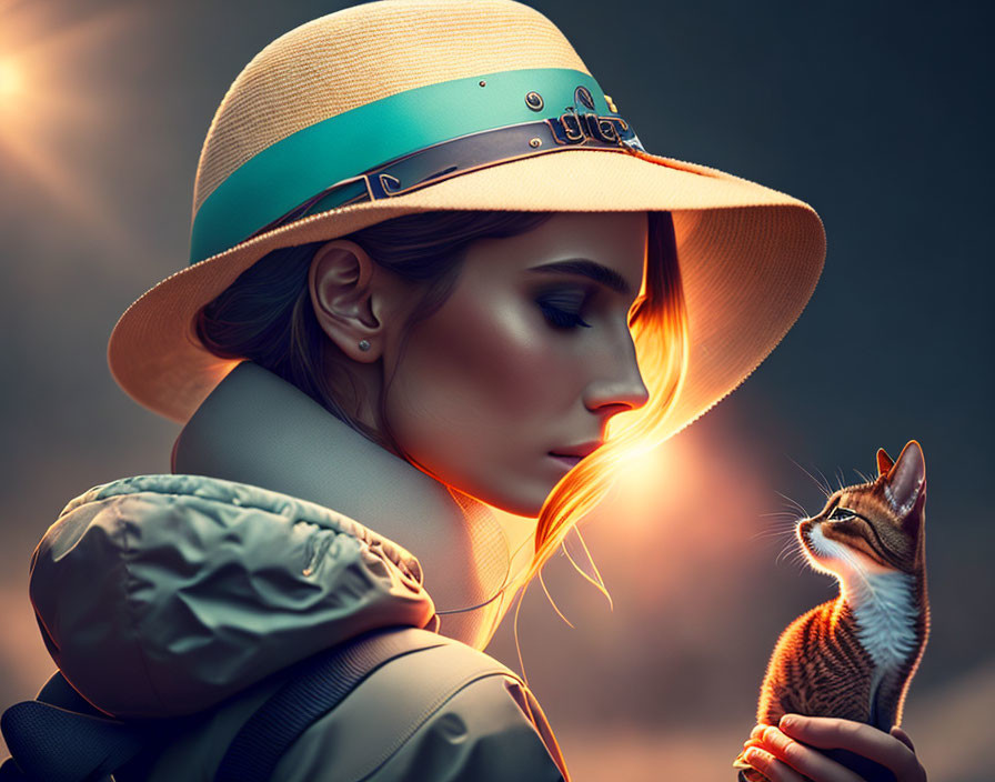 Woman in stylish hat holding small kitten against dusky sky