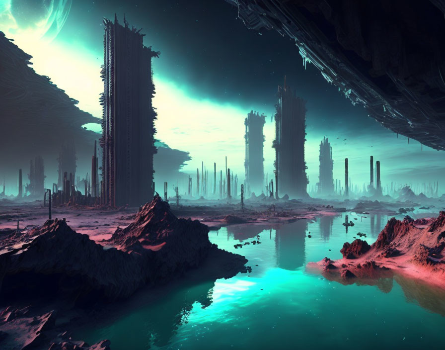 Mystical alien landscape with towering spires and teal body of water