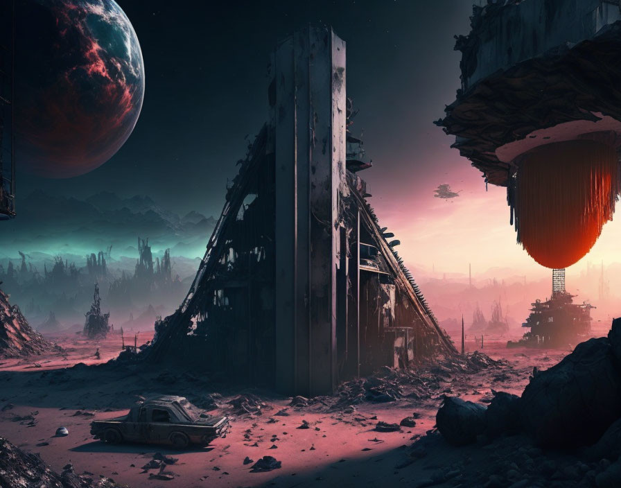 Desolate futuristic landscape with ruins, hovering structure, derelict car, large planet at dusk