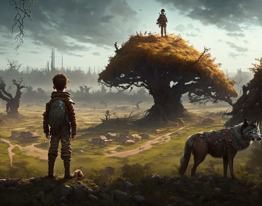 Boy and wolf in front of vast landscape with tree, ruins, and figure - adventure theme