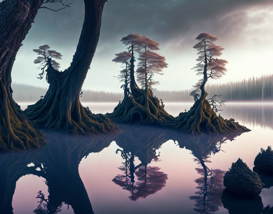 Surreal landscape: gnarled trees, islands, still water, starry twilight sky