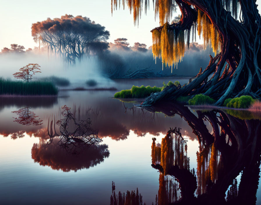 Tranquil swamp at dawn: mist, Spanish moss, mirrored reflections