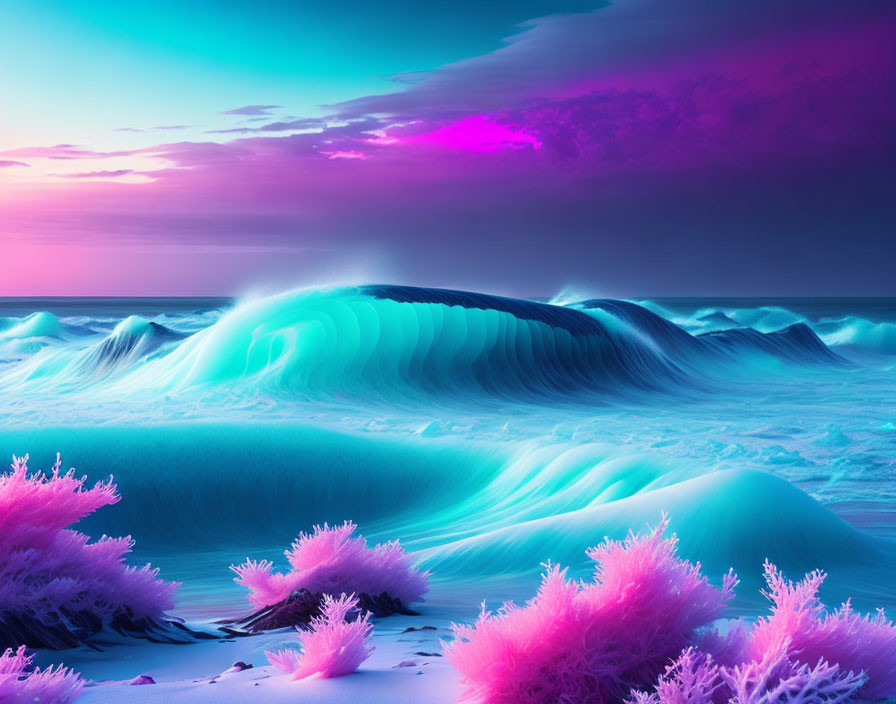 Surreal seascape with neon corals, glowing waves, and magenta sky