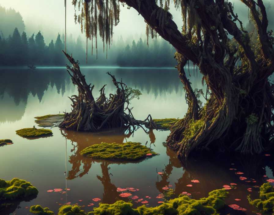 Serene dawn scene: misty lake, ancient trees, moss, plants, red lilies