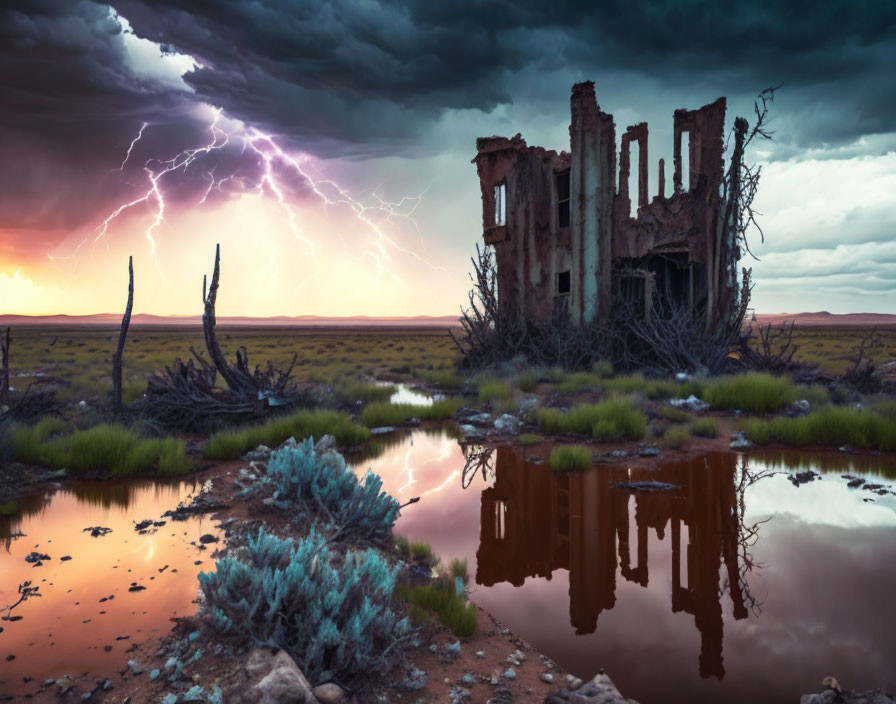 Desolate landscape with ruined building, lightning, reflection, and dramatic sky