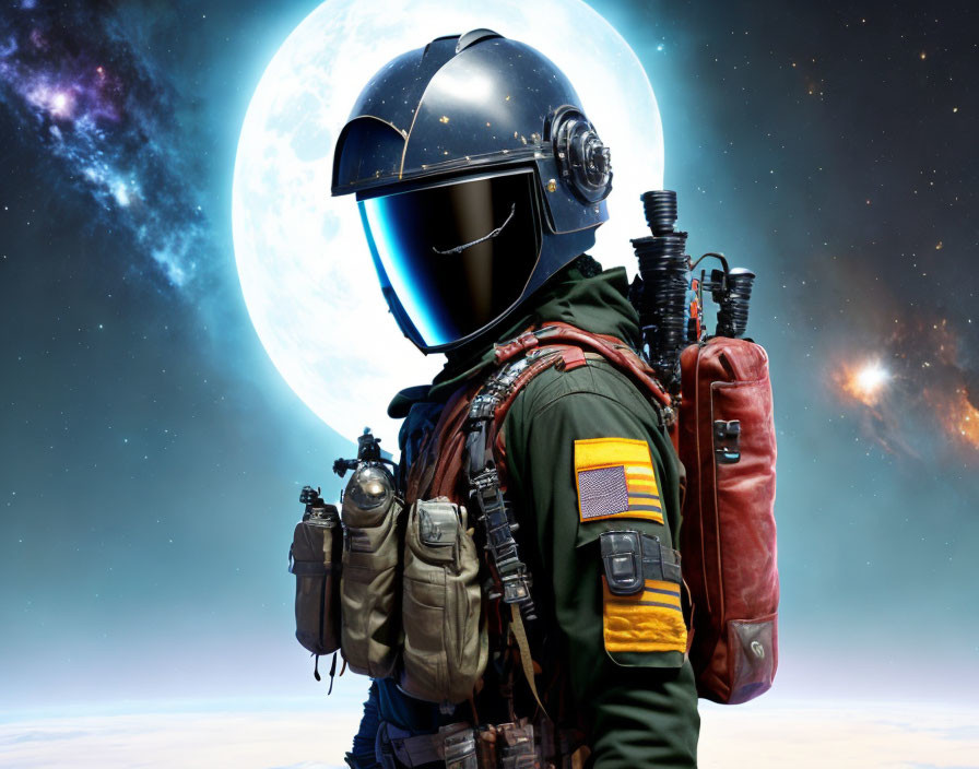 Futuristic astronaut with advanced gear gazes at cosmic backdrop