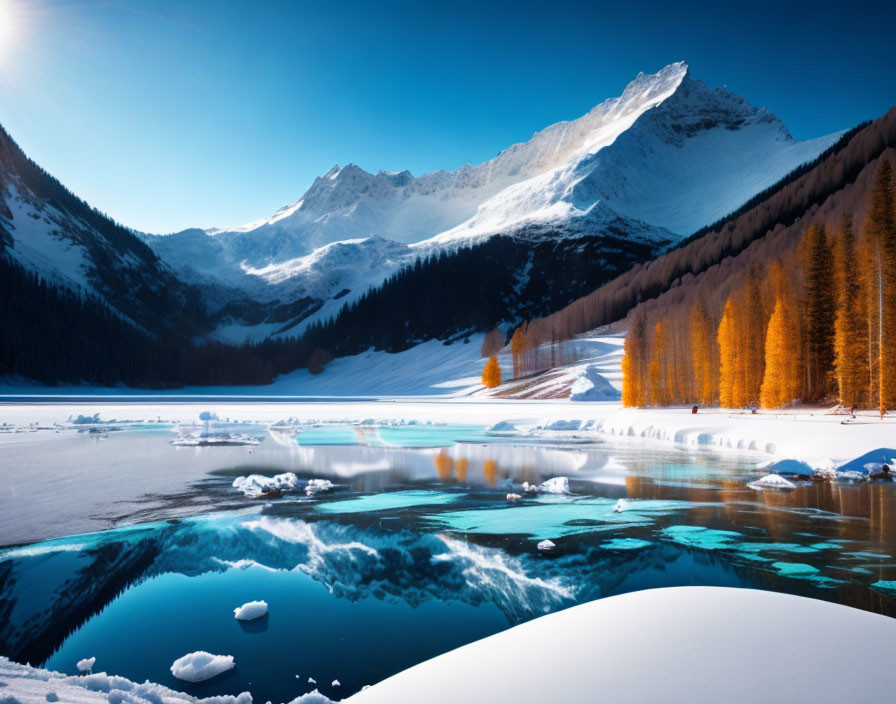 Snowy mountains reflected in frozen lake with pine trees - Winter landscape