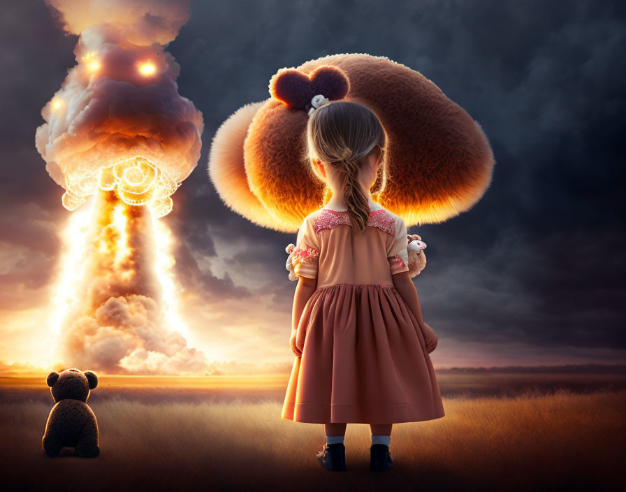 Young girl with teddy bear gazes at surreal mushroom cloud under massive teddy head in dramatic dusk