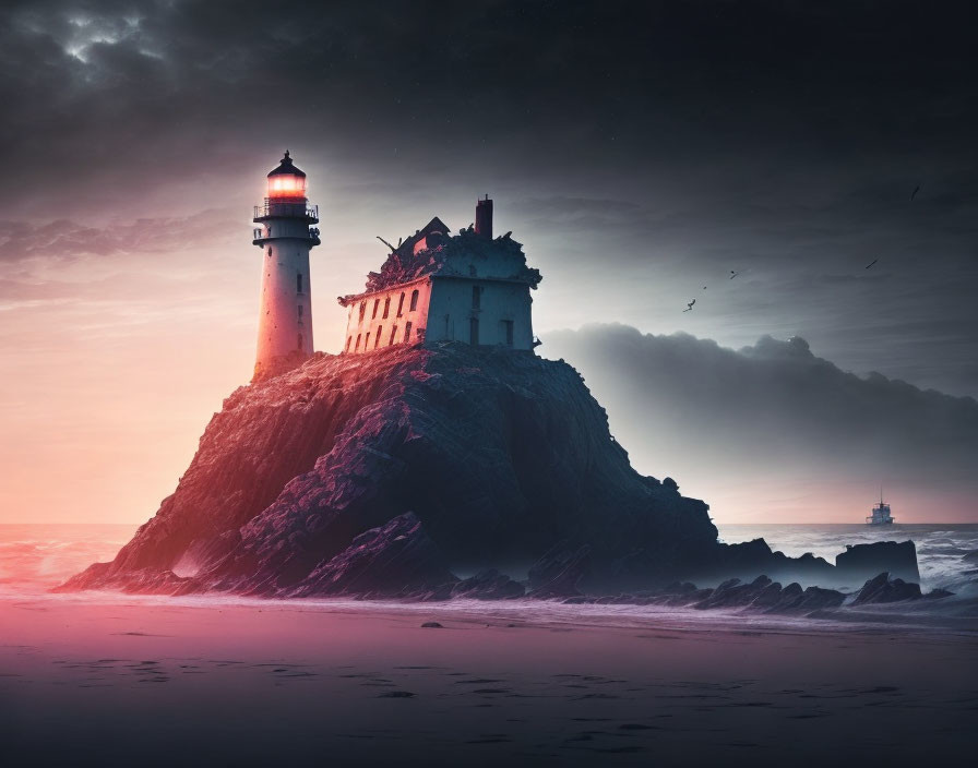 Dramatic sunset scene with lighthouse, ruin, and ship on rugged cliff