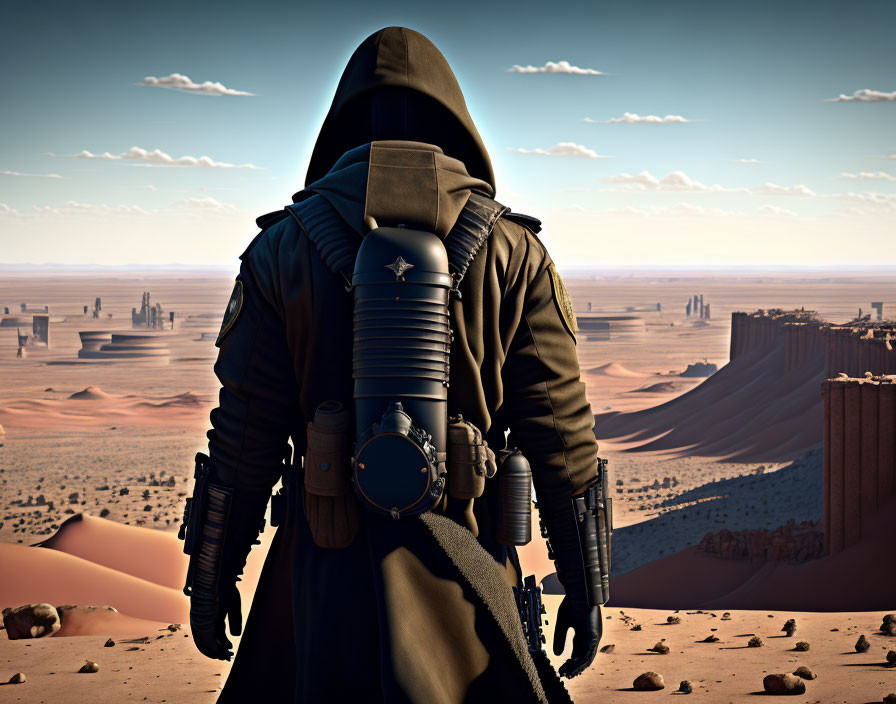 Cloaked figure in futuristic gear gazes at desert canyons