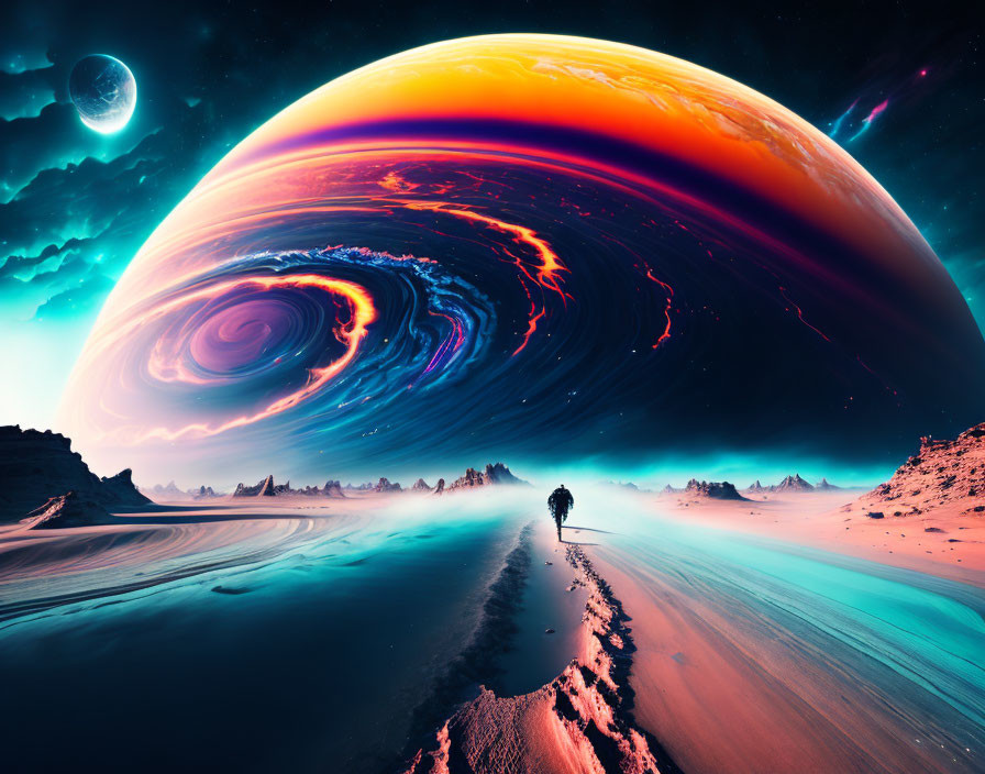 Vibrant alien landscape with swirling planet and moon