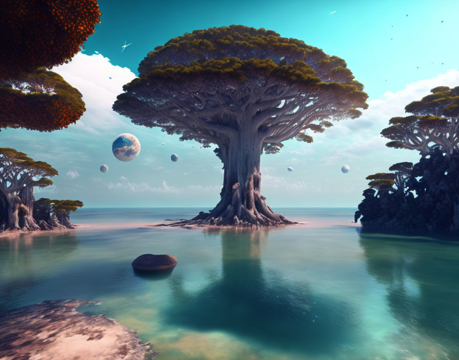 Fantasy Landscape with Colossal Trees, Turquoise Waters, Moons, and Birds