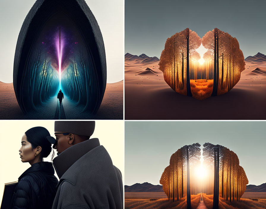 Collage of surreal desert landscapes with luminous portal and celestial phenomena