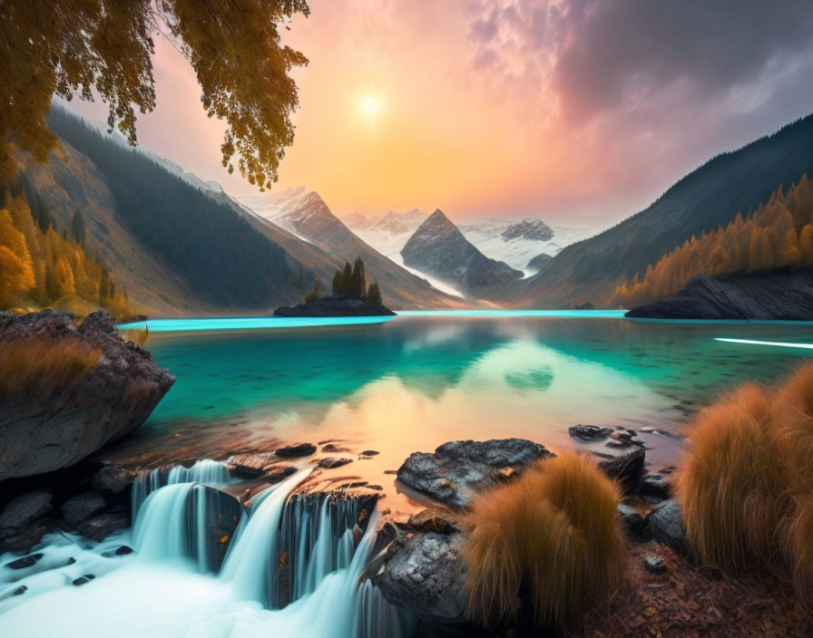 Tranquil landscape with turquoise lake, waterfall, autumn trees, and mountains at sunset