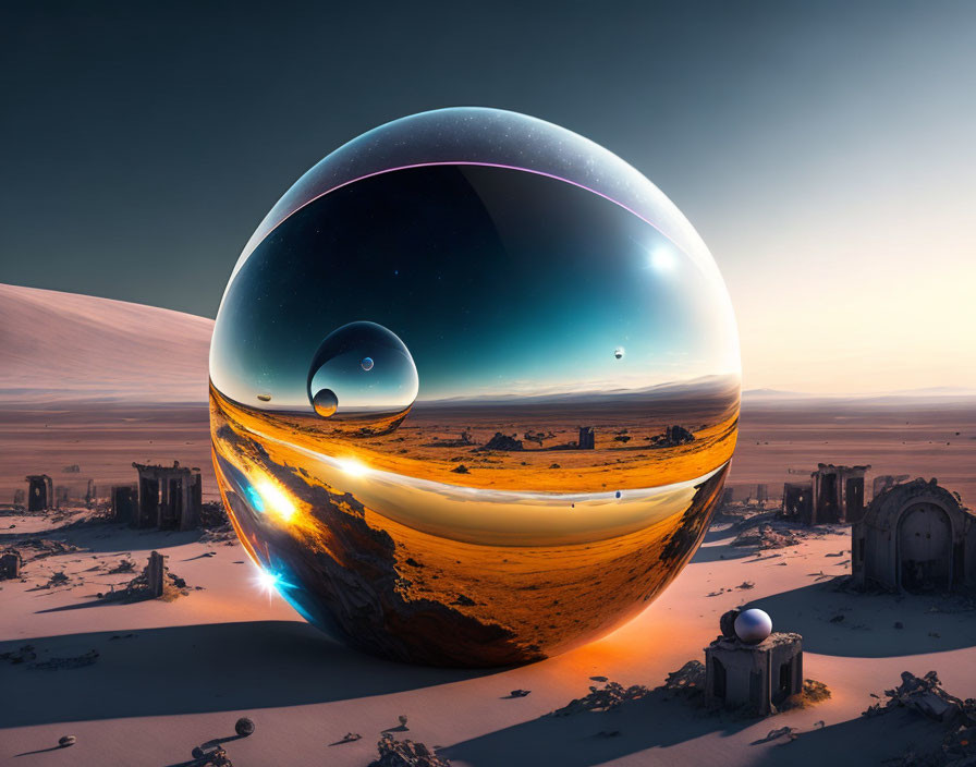 Surrealistic image of glossy spheres in desert ruins
