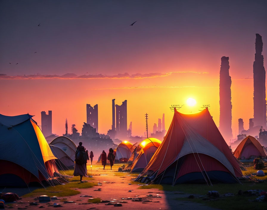 Futuristic campsite at sunset with silhouetted figures and city ruins