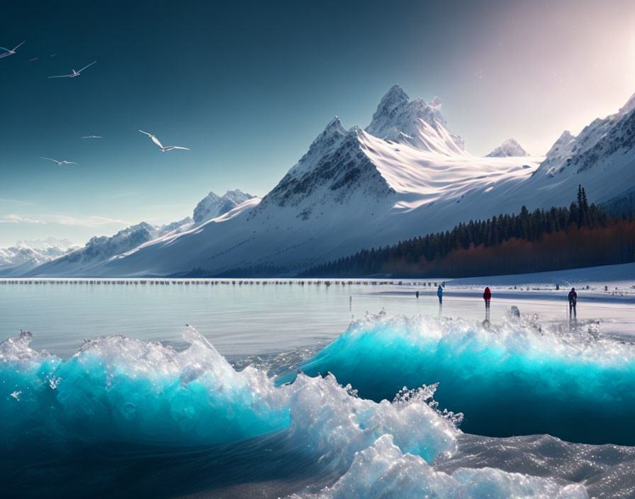 Surreal winter landscape with frozen lake, blue waves, and snow-capped mountains