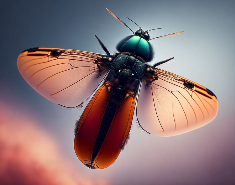 Vibrant iridescent fly with translucent wings and detailed body structure