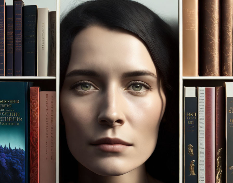 Symmetrical woman's face between bookshelves with hardcover books