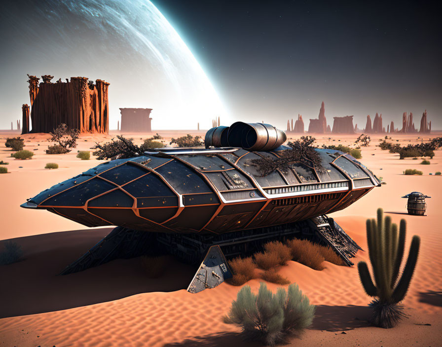 Futuristic Spaceship in Desert with Alien Planet Sky