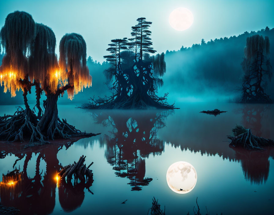 Blue-Hued Twilight Scene: Willow Trees, Full Moon, and Misty Lake