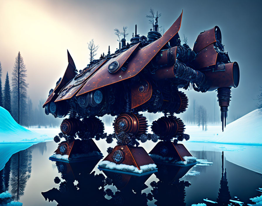 Armored hovercraft with gun turrets on icy landscape at sunrise