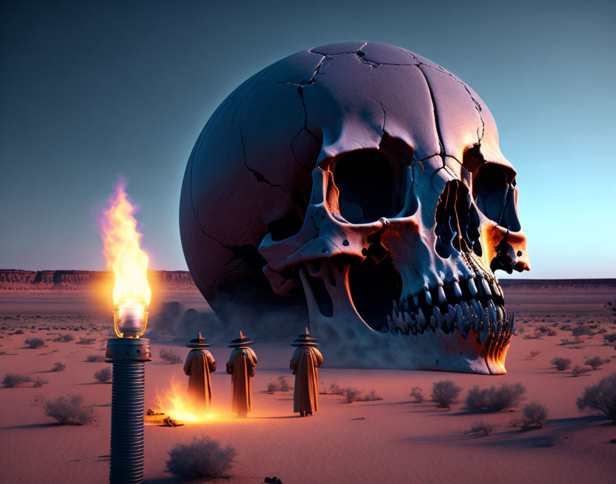 Surreal desert landscape with giant skull and flames