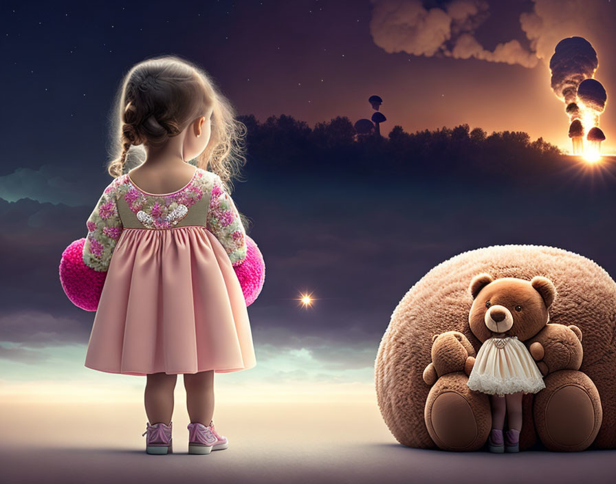 Young girl in pink dress with teddy bear under twilight sky and industrial smoke plumes