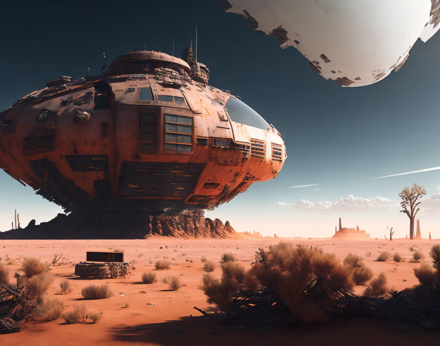 Futuristic spacecraft landed in barren desert with rocky terrain