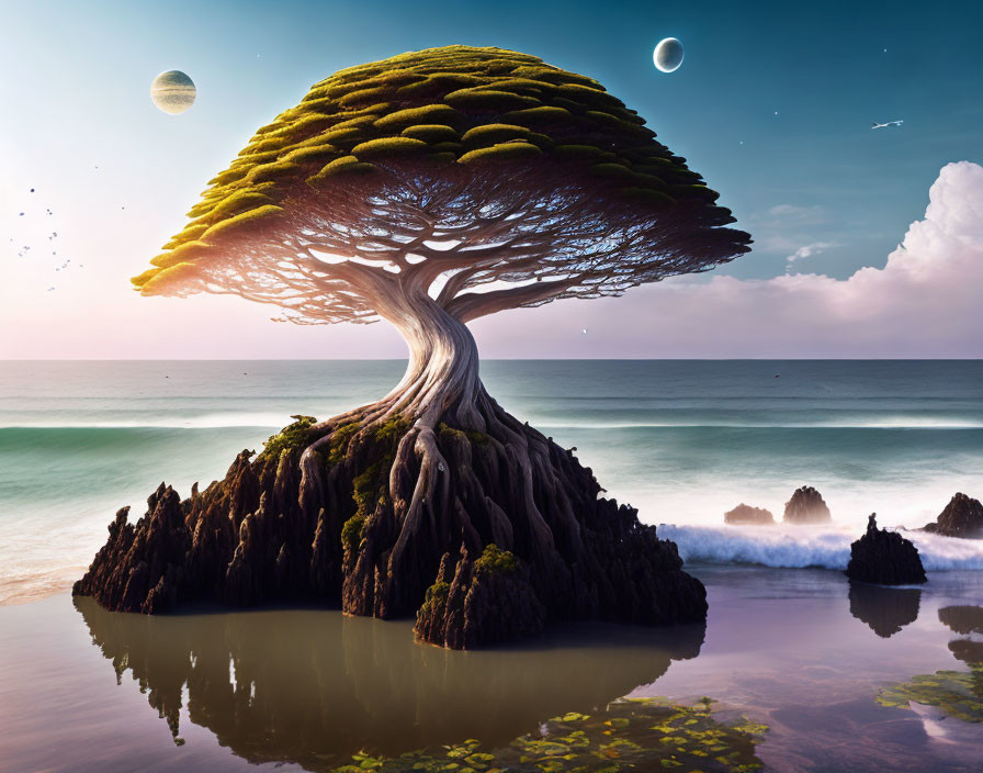 Enormous tree on rocky islet with ocean waves and planets