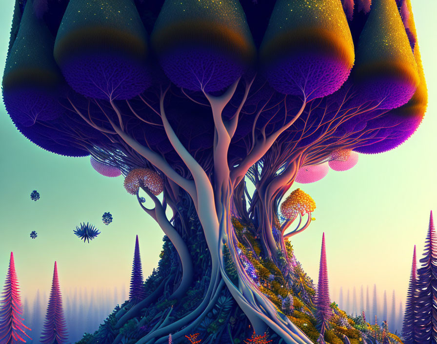 Colorful alien flora in vibrant, mushroom-filled landscape