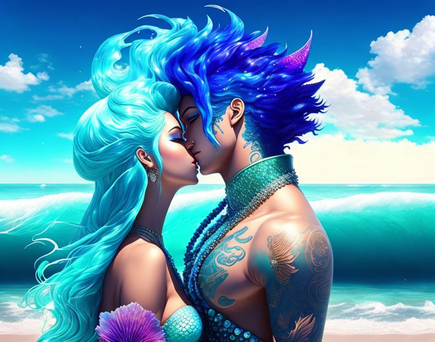 Vibrant blue-haired animated characters on beach with turquoise waves