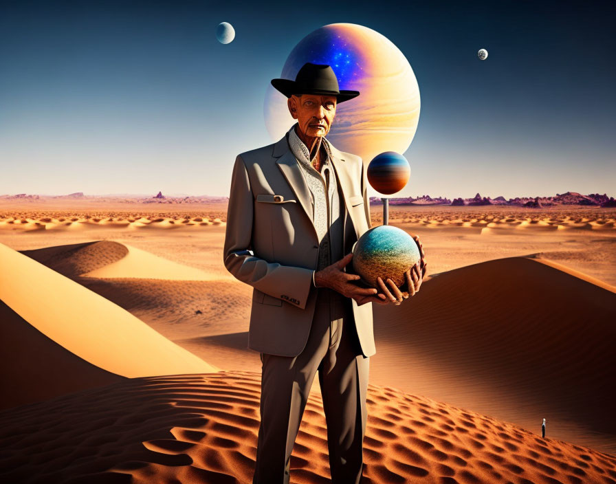 Elderly gentleman in suit holding globe in surreal desert with two moons and large planet