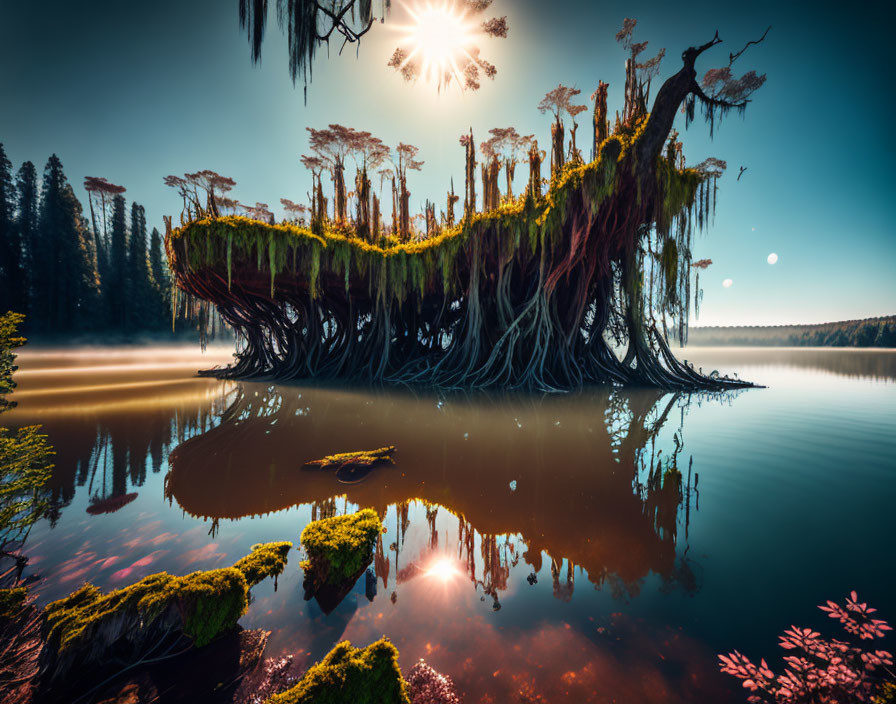 Mystical swamp with moss-covered tree reflected in calm waters