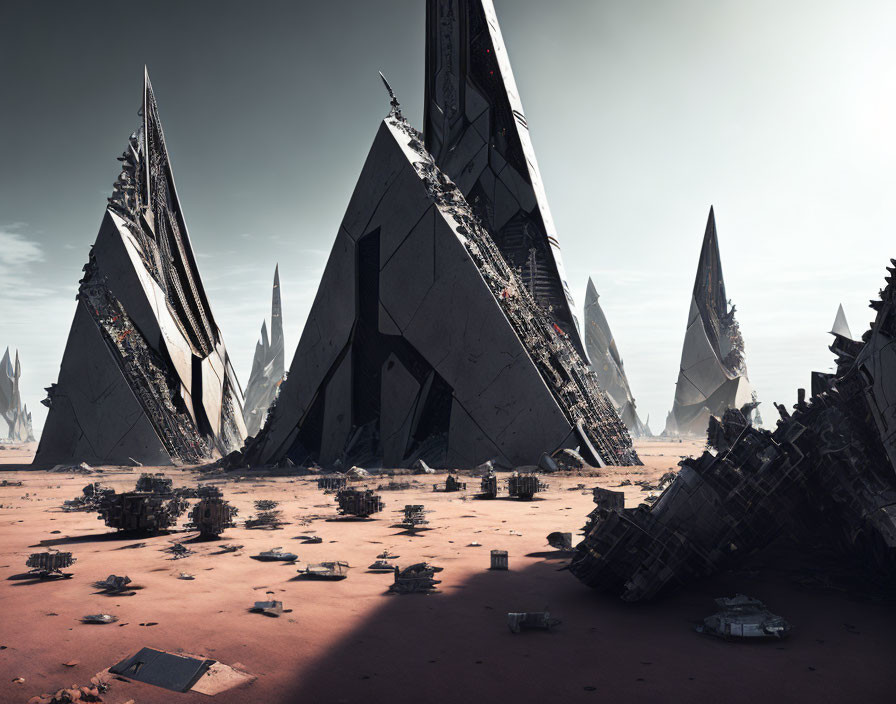 Monolithic black structures in barren desert landscape symbolize advanced alien civilization